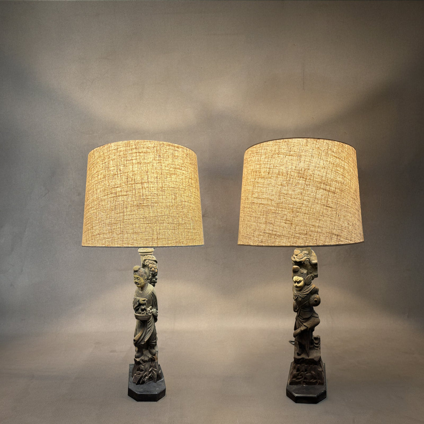 Pair of Carved Wooden Lamps