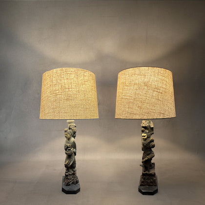 Pair of Carved Wooden Lamps